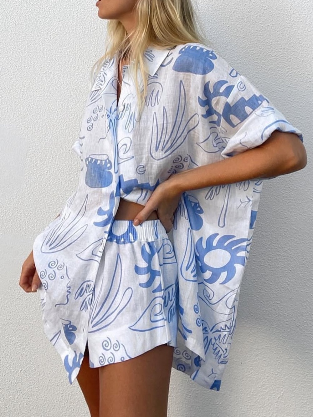 MAURIE + EVE LINEN BLUE WHITE WAVES SHIRT DRESS + SHORTS SET SIZE 2/4 COASTAL